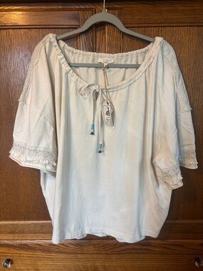 Boho Cream Tie-Neck Peasant Tunic with Eyelet Trim